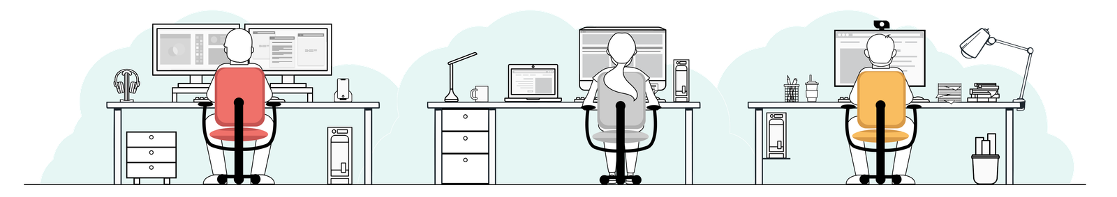 Ilustración de desarrollo web mostrando un equipo trabajando en proyectos digitales